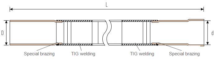 Copper-steel connecting tube structure drawing with length, diameter and welded joint positions